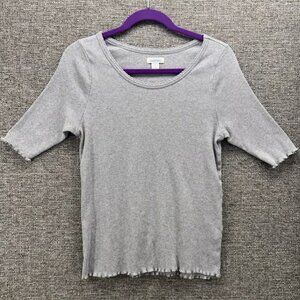 Sundance Womans Shirt Size XL Y2k Gray Ribbed Knit Top Lettuce Hem Long Shirt